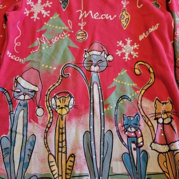 Jess & Jane Artsy Abstract All Over Christmas Cat Pop Art Top Women's S USA - Picture 2 of 9